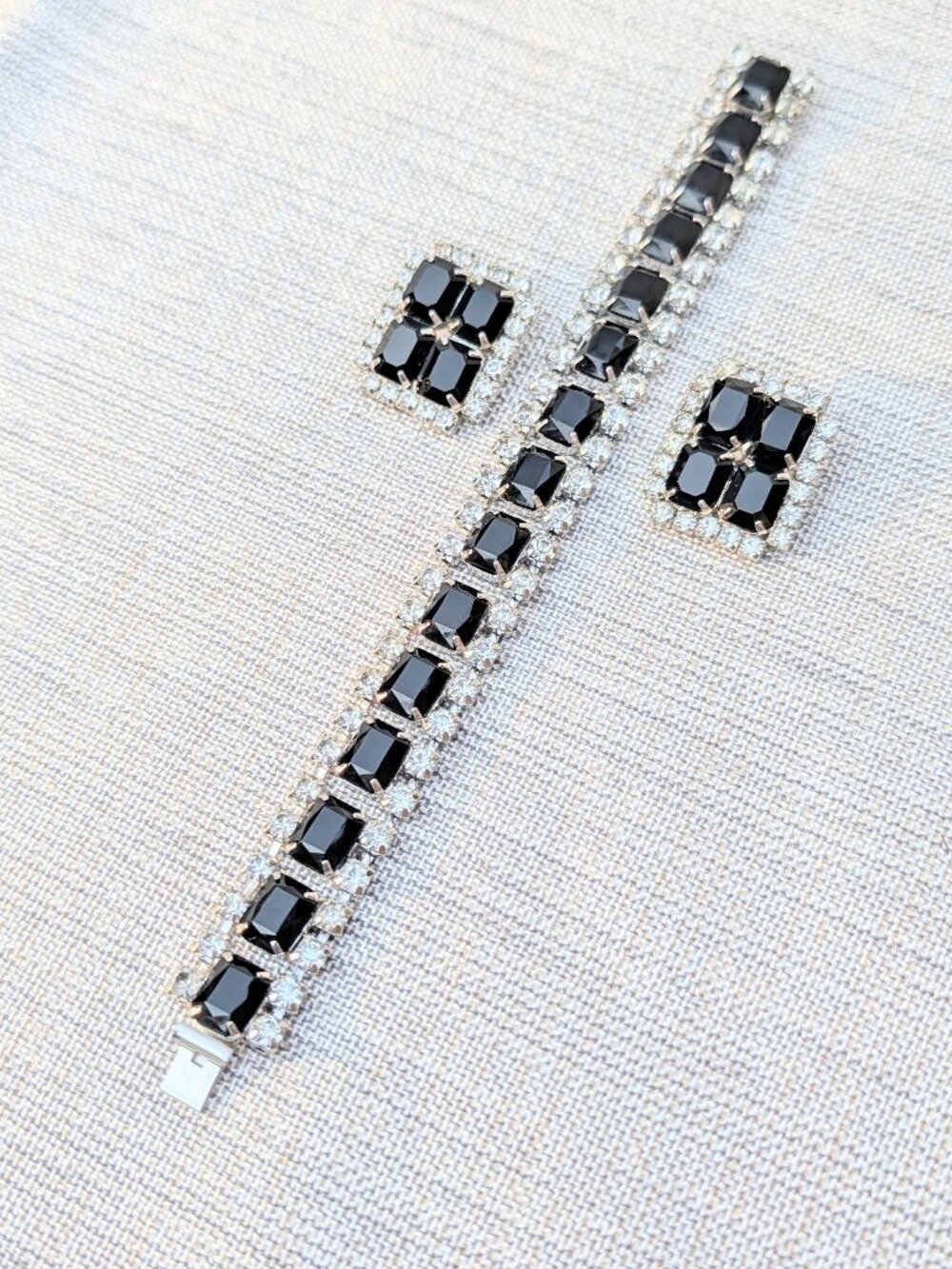 Art Deco Silver Tone Black Glass Rhinestone Statement Bracelet & Earring Set